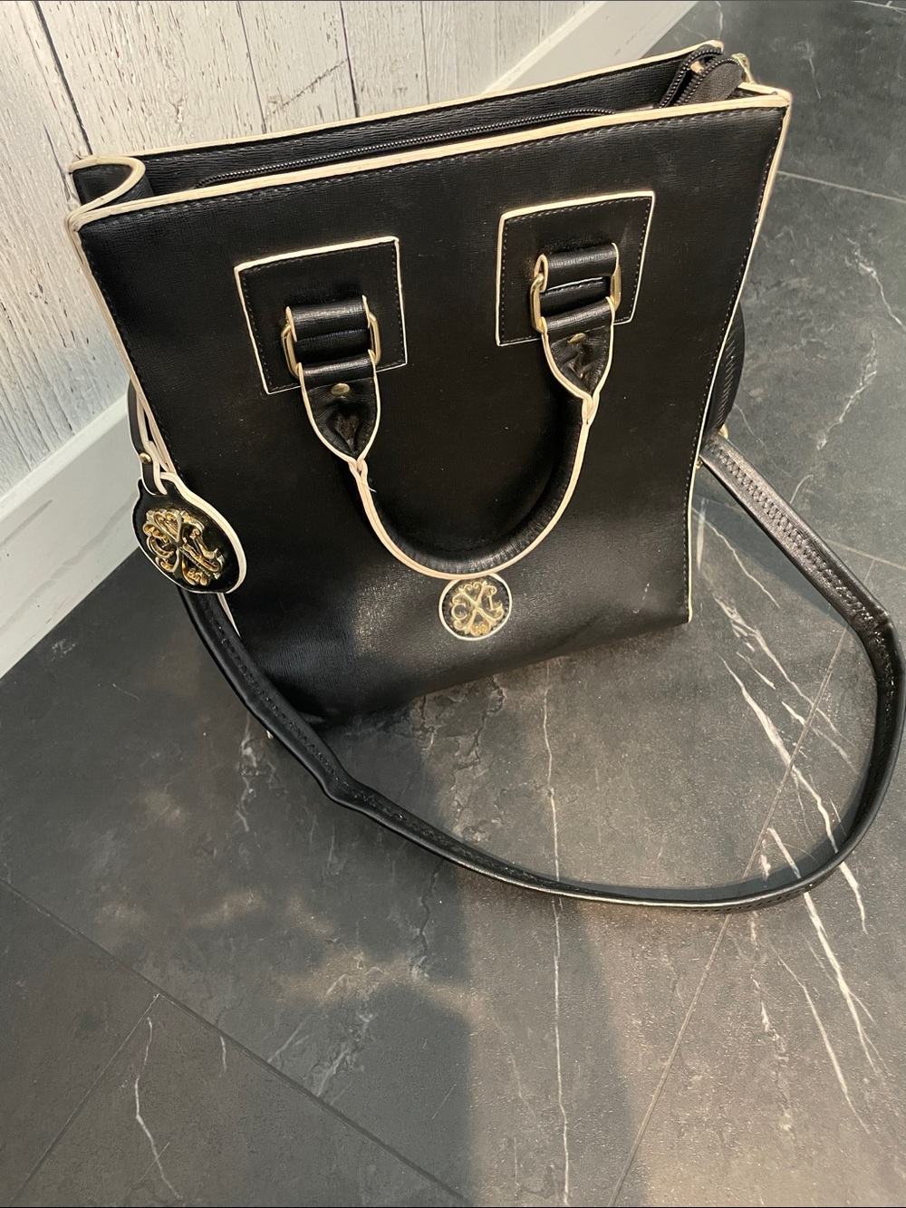 Christian Lacroix Black and Cream Structured Shoulder Bag with Gold Accents